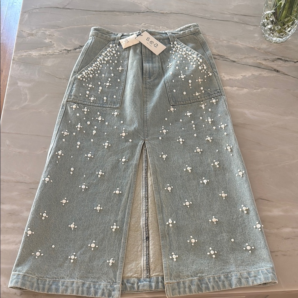Sea Blue Denim Skirt with Pearl Embellishments